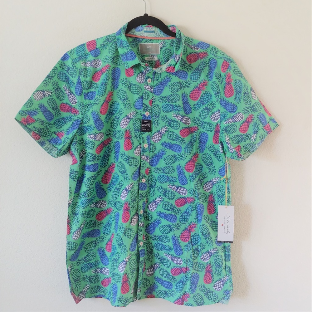 Made To Live Pineapples Button Up Shirt Size Medium Slim Fit Aquamarine